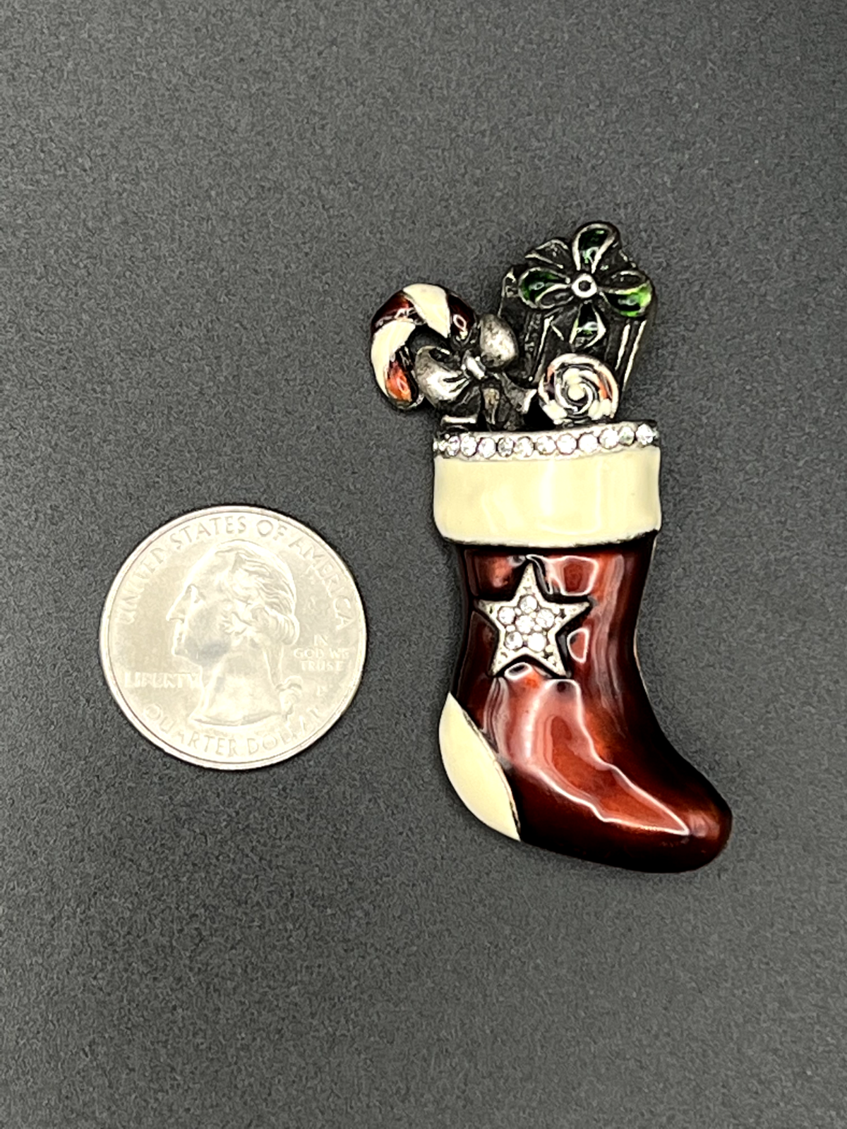 Vintage Dark Red/Brown and Cream Enameled Stocking Brooch Pin