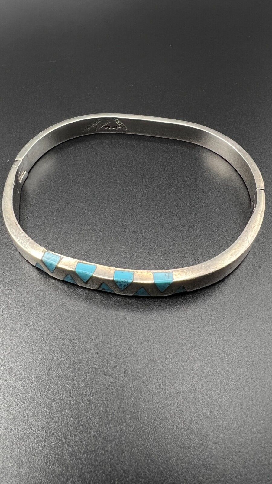 Vintage Sterling Signed 925 Mexico 9 Inlay Turquoise Stone Hinge Bangle Bracelet