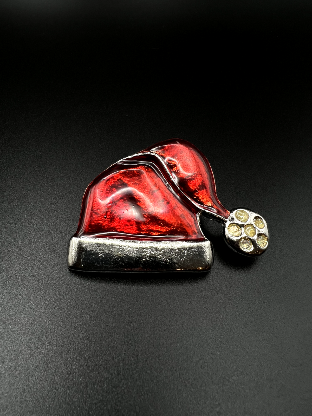 Vintage Red Enameled, Silver-Toned Santa's Hat Brooch Pin