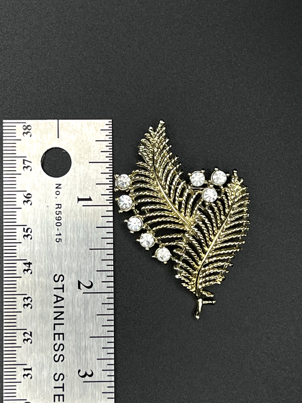 Vintage Gold-Toned Leaf With Glass Crystals Brooch Pin