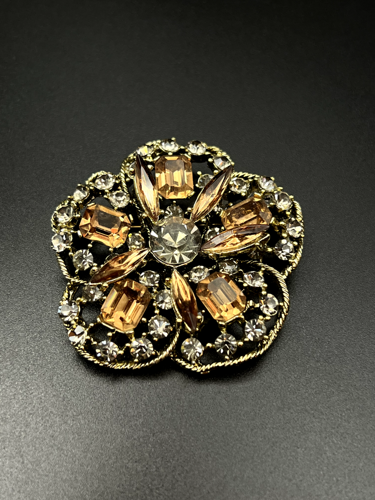 Vintage Unique Gold-Toned Flower With Copper and Gray Rhinestones Brooch Pin