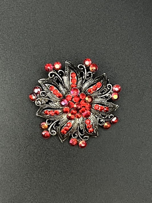 Vintage Silver-Colored with Red Reflective Crystals Brooch Pin