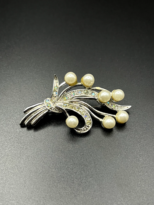 Vintage Elegant Crystal and Pearl-Like Beaded Silver-Toned Brooch Pin