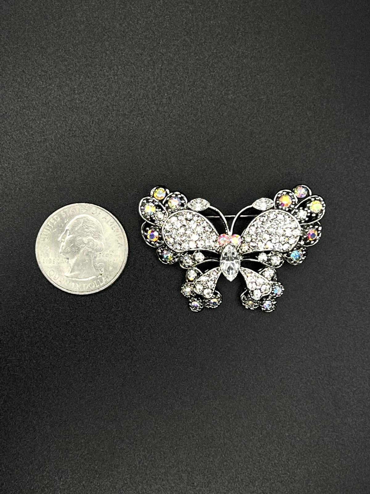 Vintage Small Butterfly Silver-Toned With Aurora Borealis & Crystals Brooch Pin