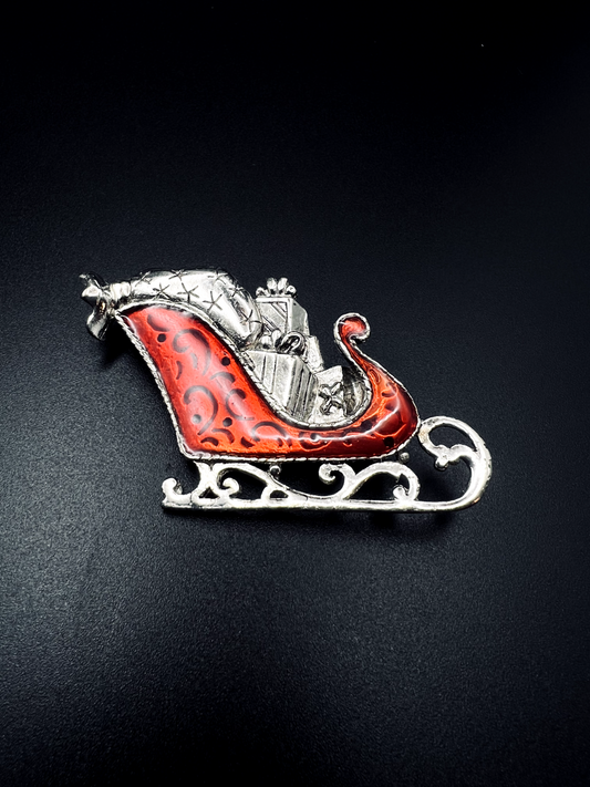 Vintage Holiday Sleigh Full Of Gifts Red Enameled Silver-Toned Brooch Pin