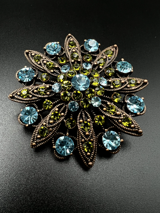 Vintage Star with Blue and Green Rhinestones Brooch Pin