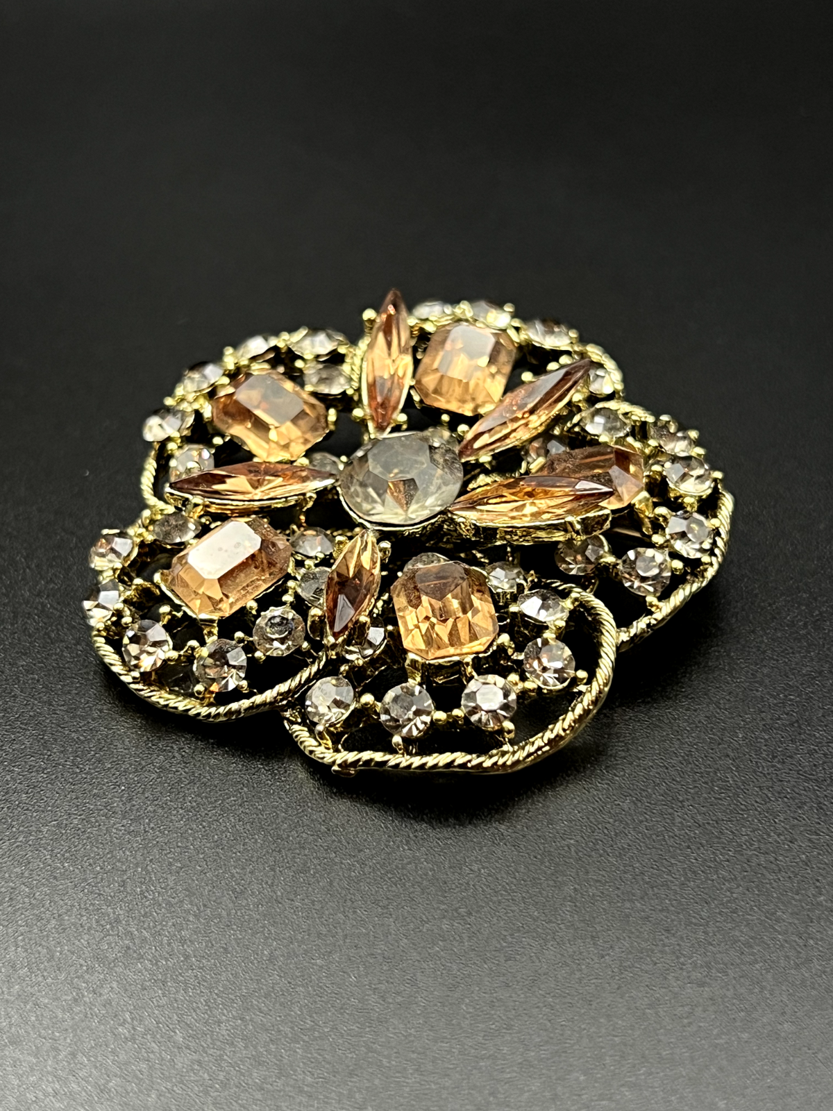 Vintage Unique Gold-Toned Flower With Copper and Gray Rhinestones Brooch Pin