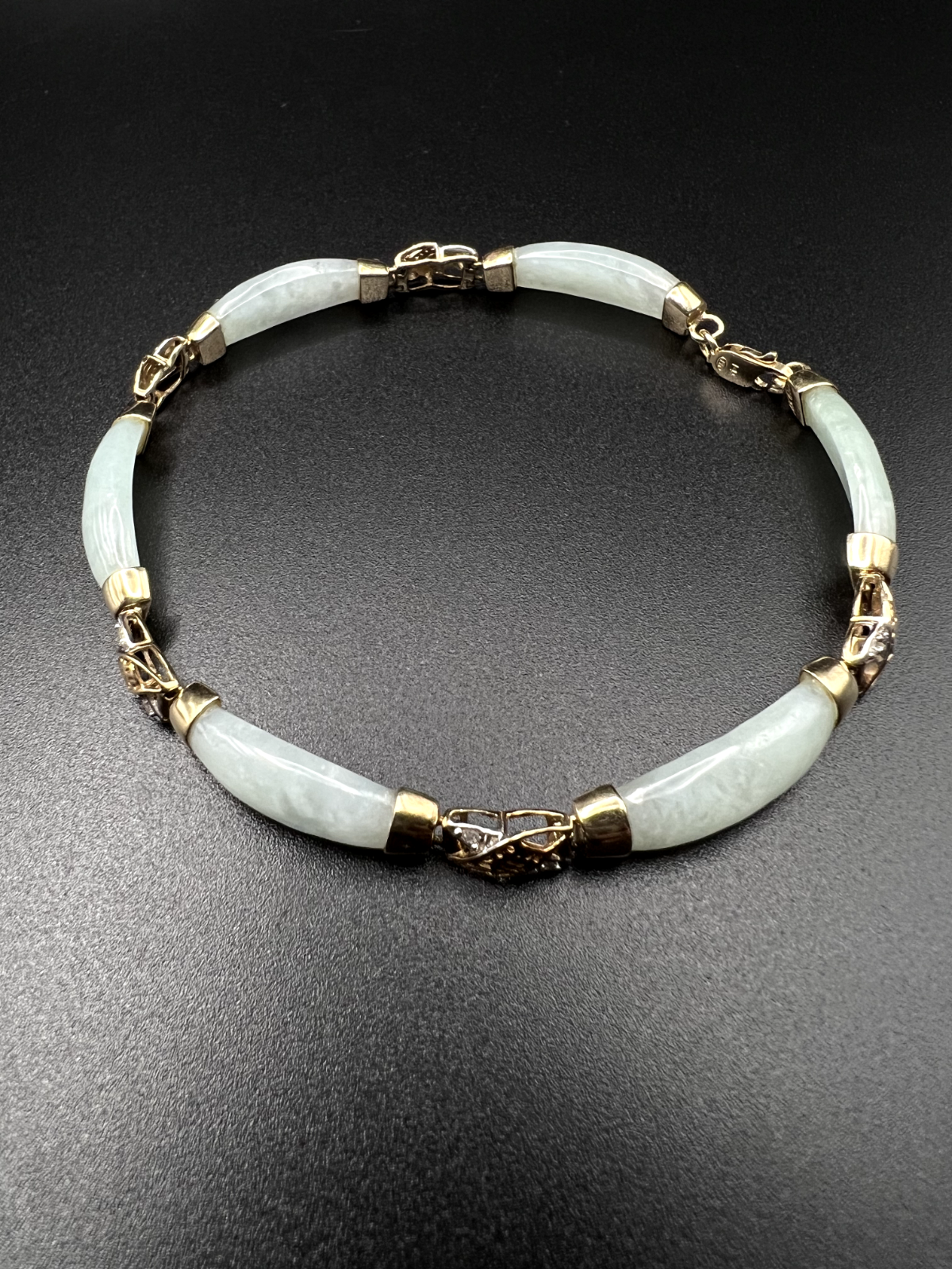 Vintage Signed 14k Gold and Jade Bracelet with Clear Crystals in the Design