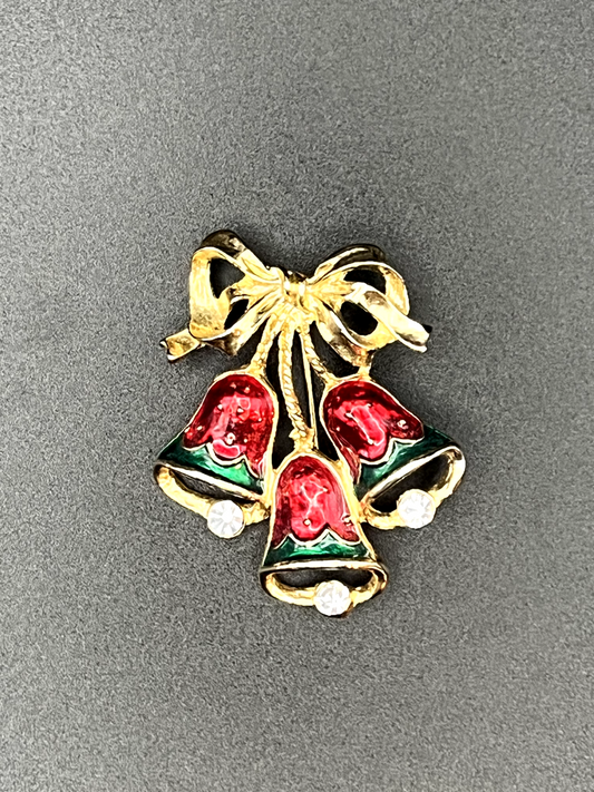 Vintage 3 Red, Green and Gold-Toned Bells with Clear Crystals and Bow Brooch Pin