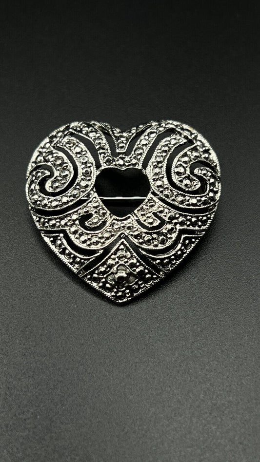 Vintage Art Deco Heart Shape in a Gun Metal Color with Cut Outs Brooch Pin