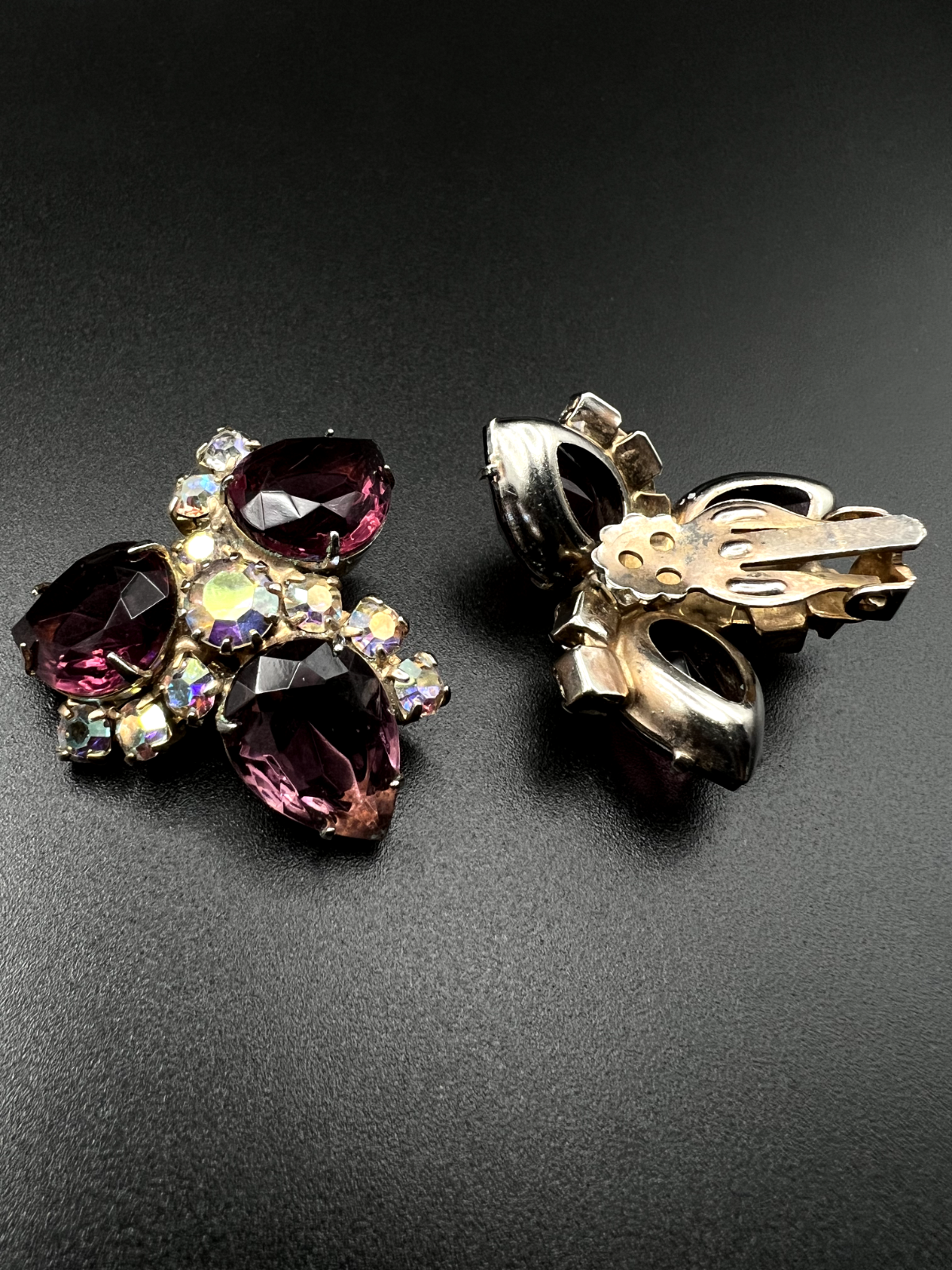 Vintage Deep Purple & Clear AB Rhinestones Gold-Toned Earrings and Brooch Pin