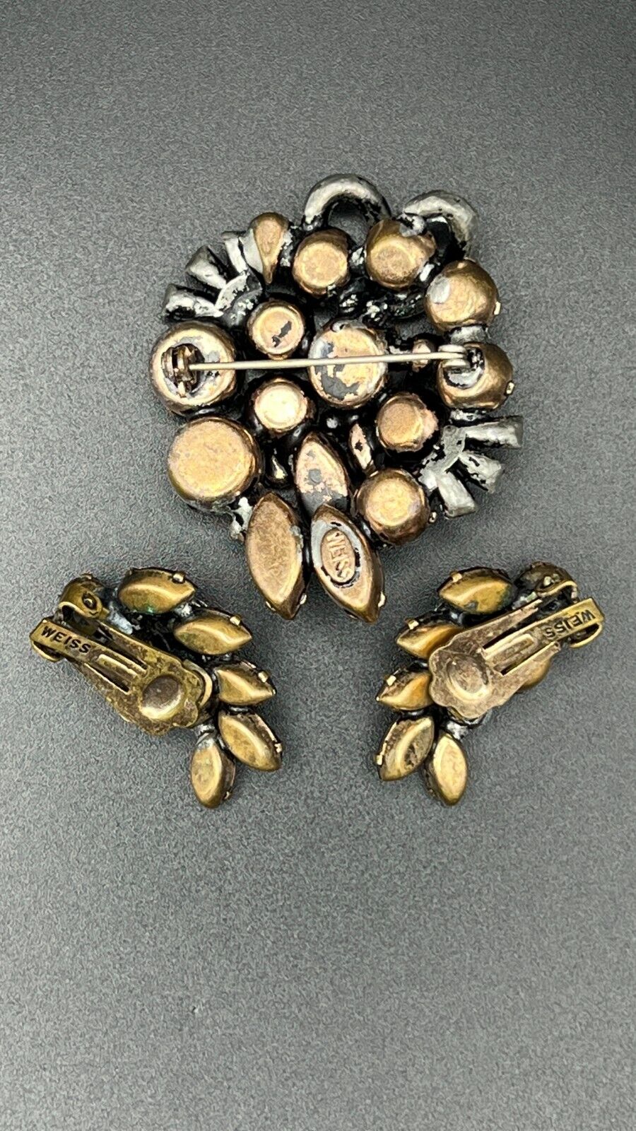 Vintage WEISS Brooch and Clip-On Earrings Set Blue, Purple, Clear & Brown Stones