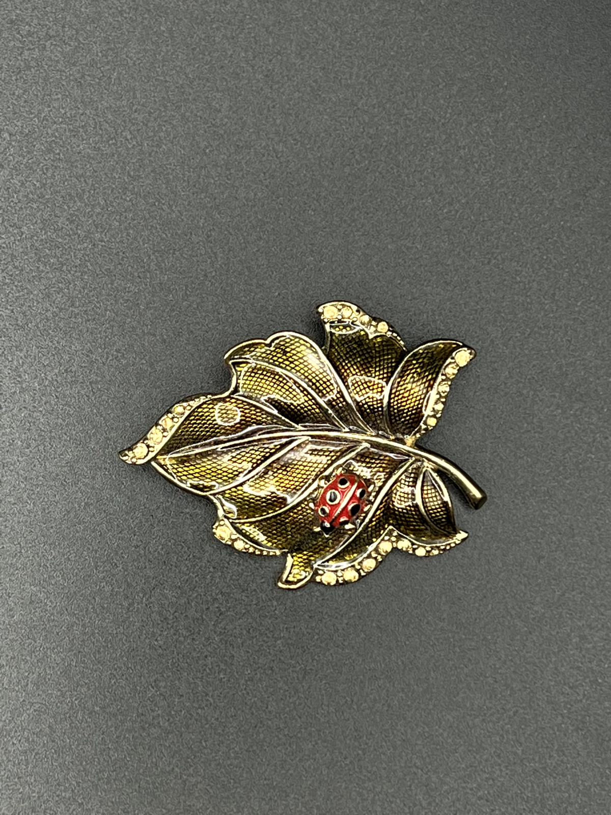 Vintage Signed LC Gold-Toned Leaf with Ladybug Brooch Pin