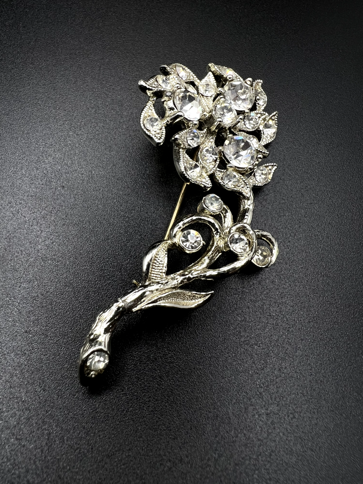 Vintage Silver-Toned Flower with Stem Clear Crystals Sparkling Brooch Pin