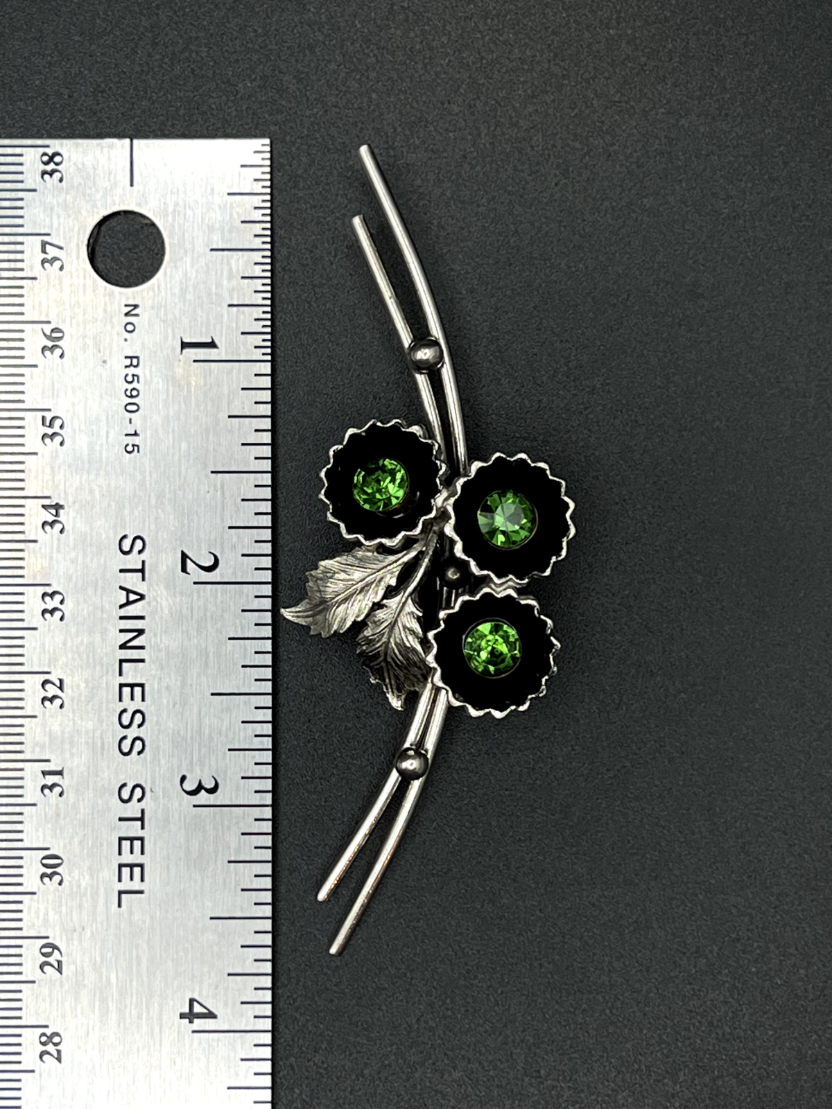 Vintage Signed ST LABRE  Silver-Toned Flower With Green Rhinestones Brooch Pin