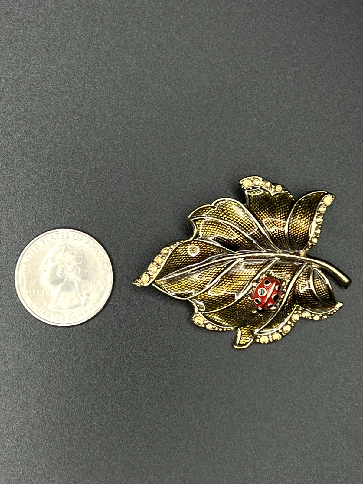 Vintage Signed LC Gold-Toned Leaf with Ladybug Brooch Pin