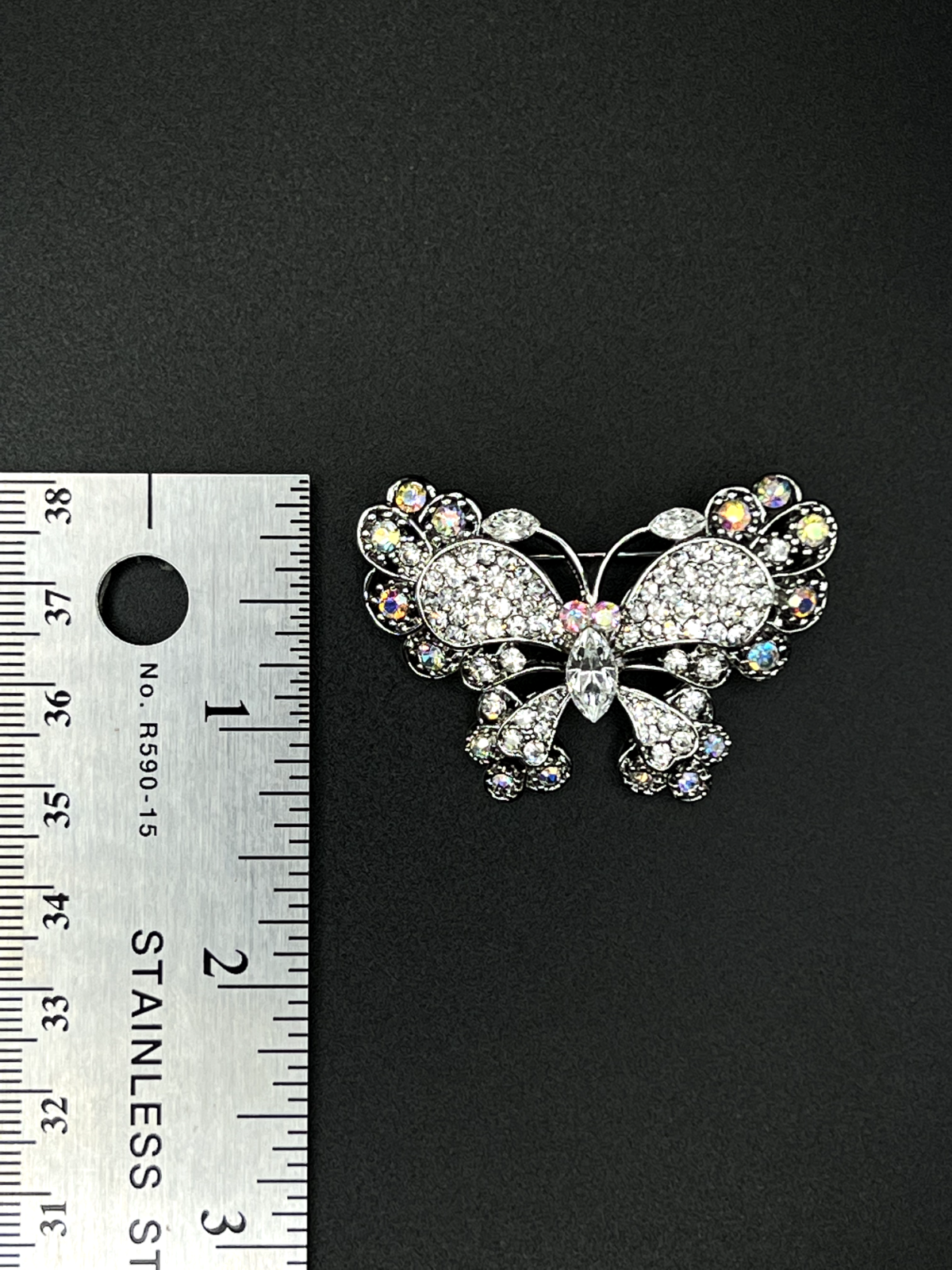 Vintage Small Butterfly Silver-Toned With Aurora Borealis & Crystals Brooch Pin