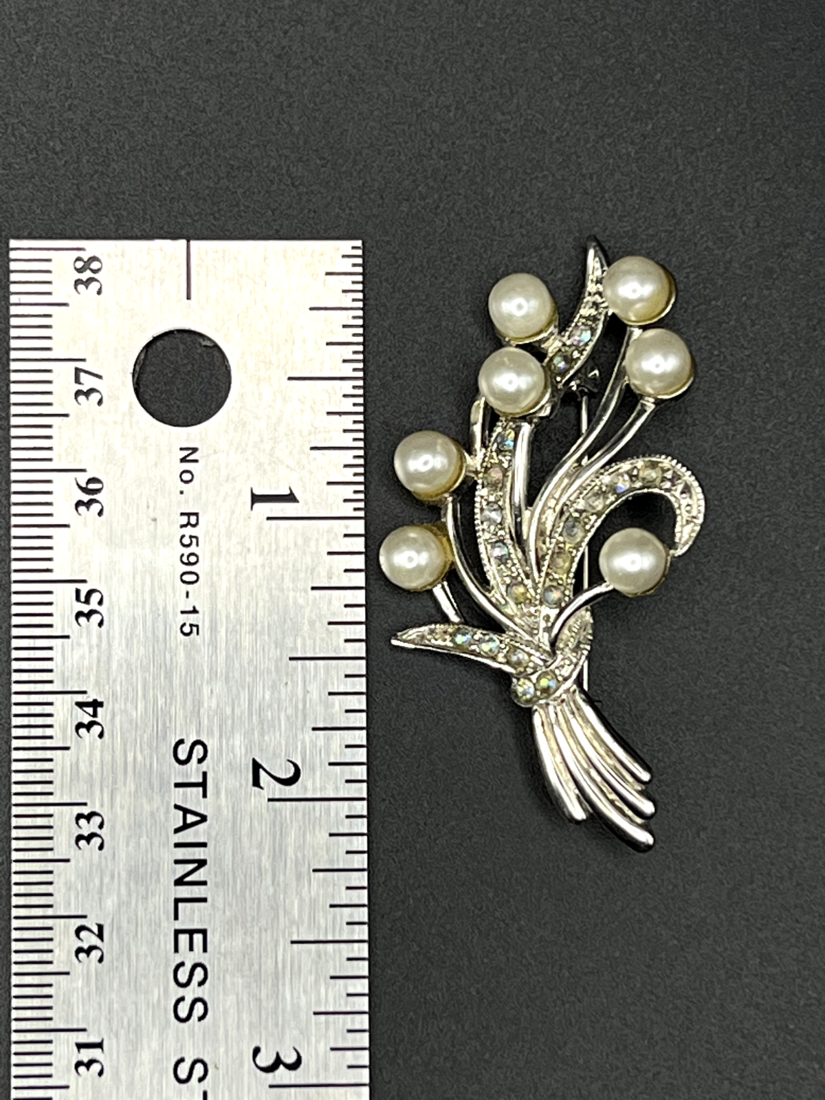 Vintage Elegant Crystal and Pearl-Like Beaded Silver-Toned Brooch Pin