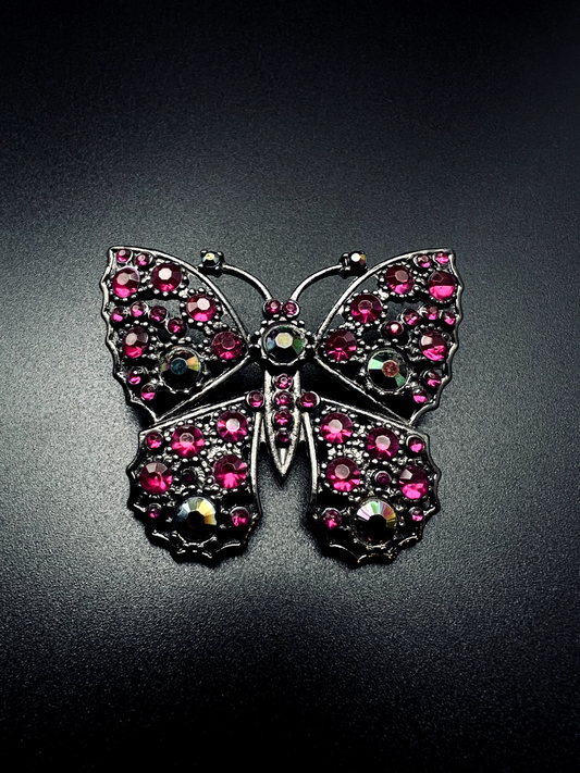 Vintage Pretty Dark Gray Butterfly With Rose-Colored Rhinestones Brooch Pin