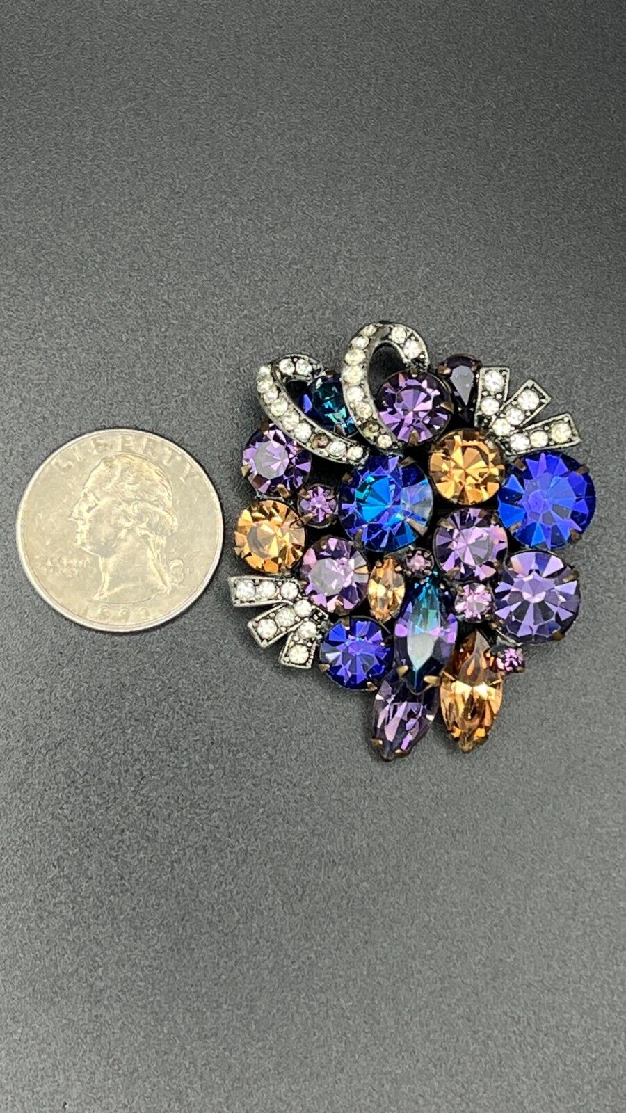 Vintage WEISS Brooch and Clip-On Earrings Set Blue, Purple, Clear & Brown Stones