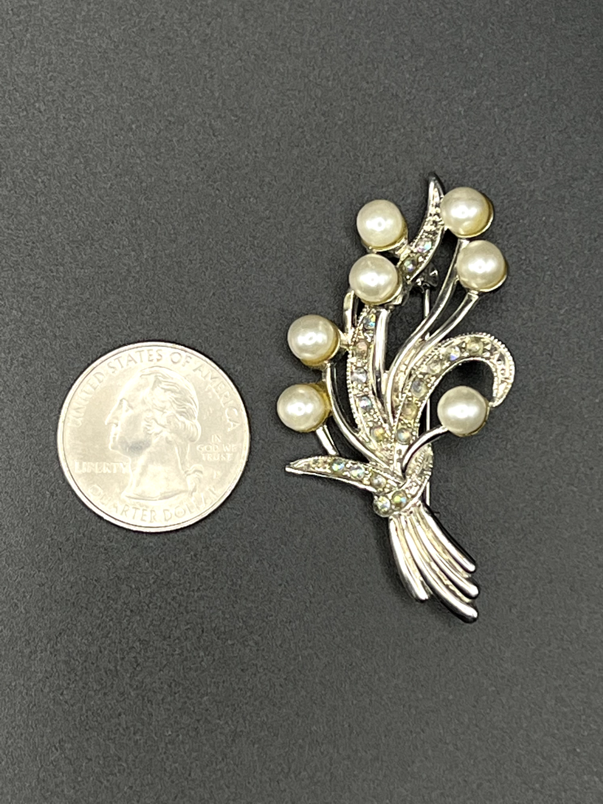 Vintage Elegant Crystal and Pearl-Like Beaded Silver-Toned Brooch Pin