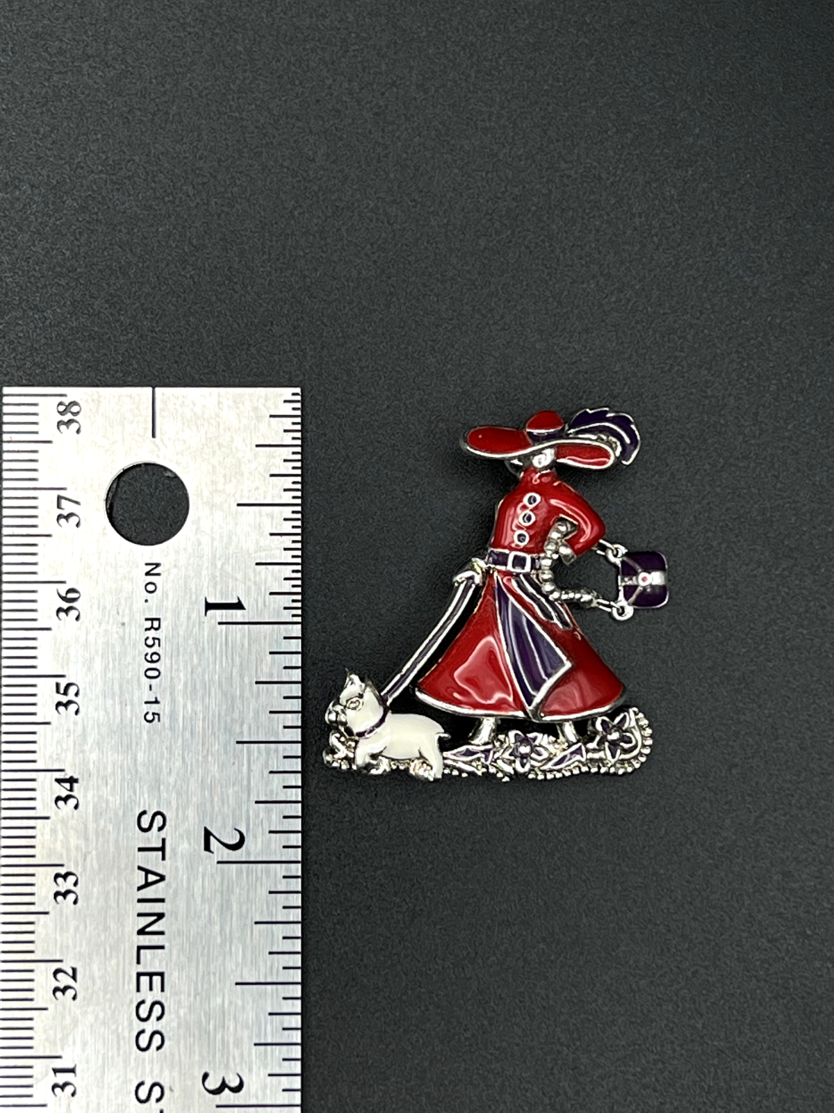 Vintage Red, Purple, White, Silver Enameled Lady With Movable Purse Brooch Pin