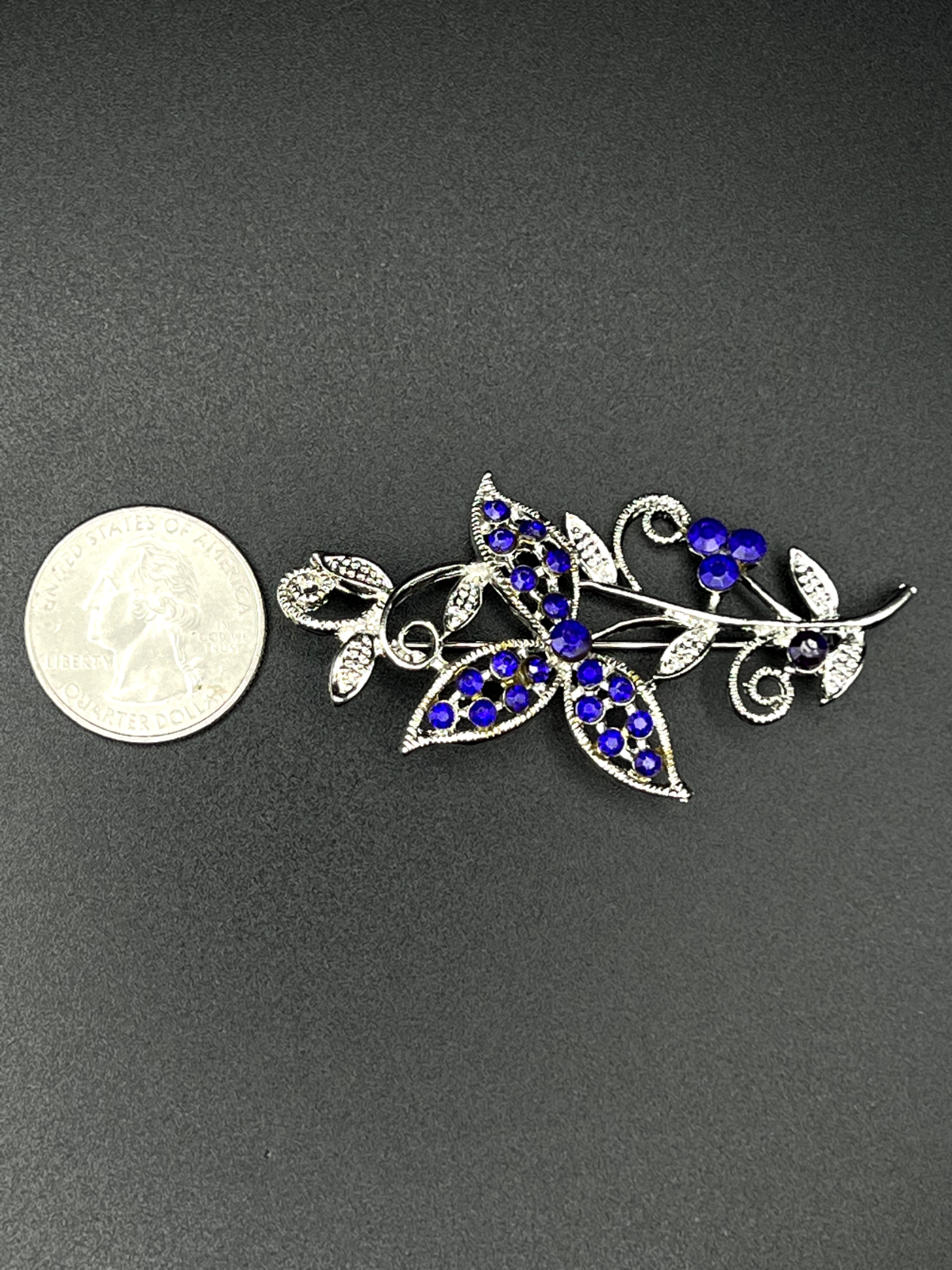 Vintage Silver-Toned Whimsical Flower with Blue and Clear Rhinestones Brooch Pin