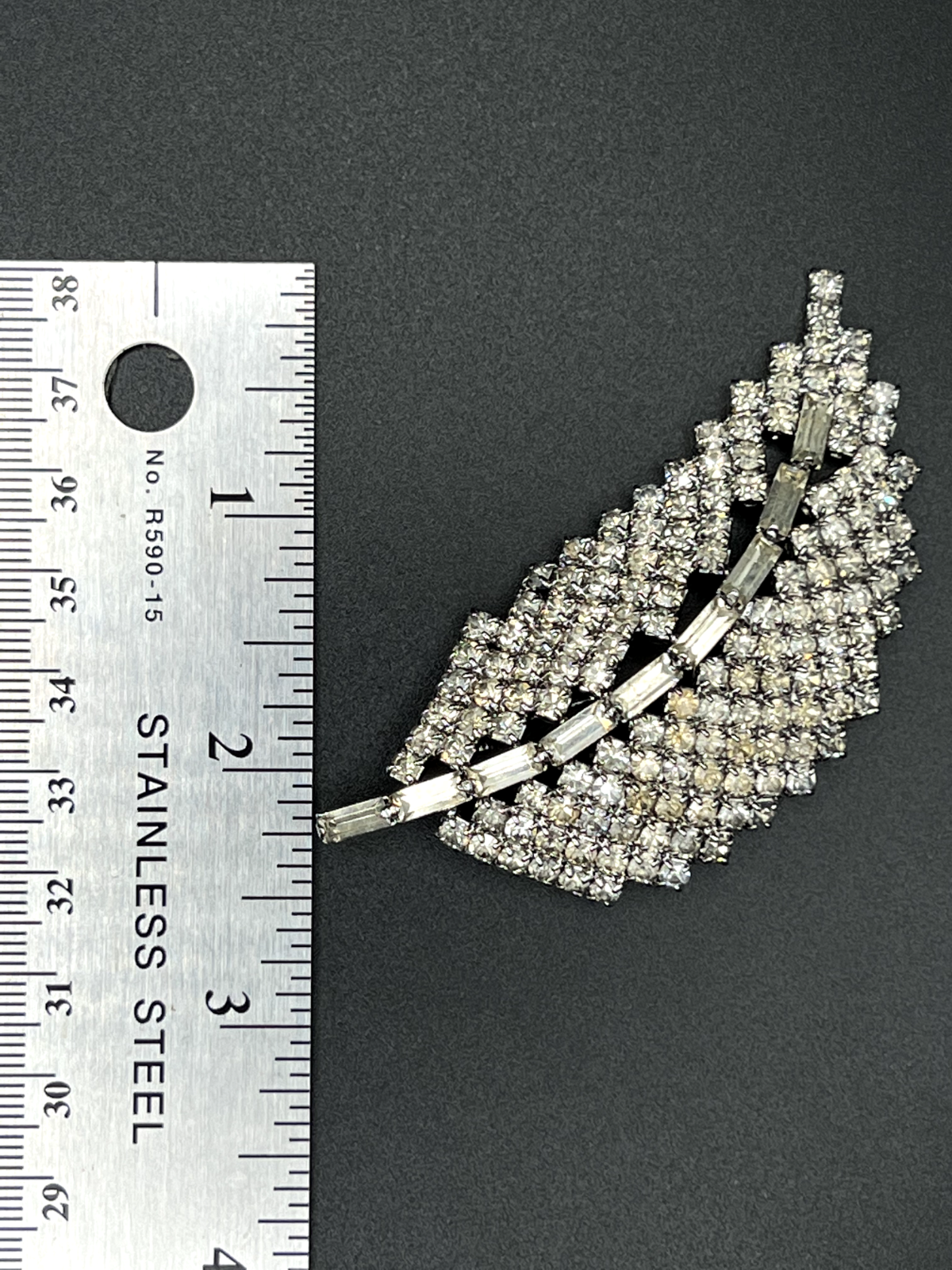 Vintage Large Silver-Toned Leaf With Baguette And Round Rhinestones Brooch Pin