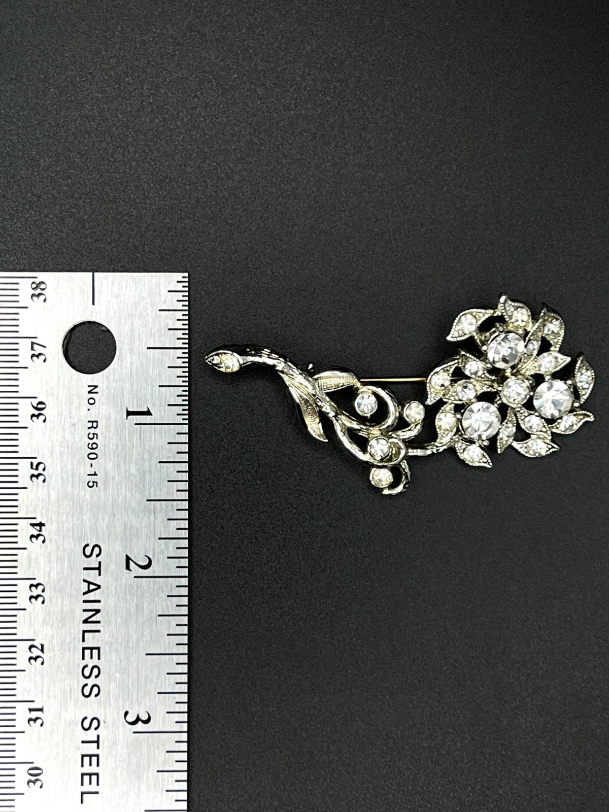 Vintage Silver-Toned Flower with Stem Clear Crystals Sparkling Brooch Pin