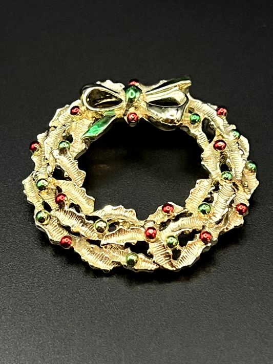 Vintage Signed GERRY'S Wreath Gold-Toned, Green & Red Ornaments & Bow Brooch Pin