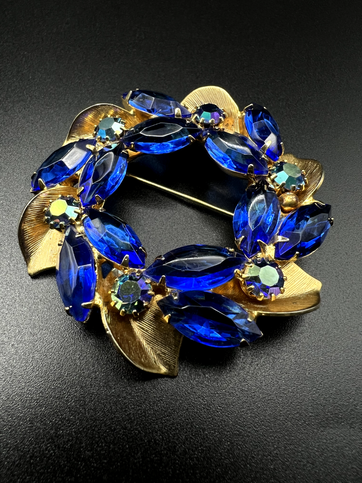 Vintage Large Gold-Toned With Deep Blue AB Rhinestones Brooch Pin