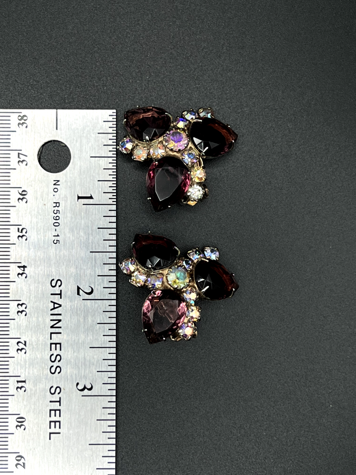 Vintage Deep Purple & Clear AB Rhinestones Gold-Toned Earrings and Brooch Pin