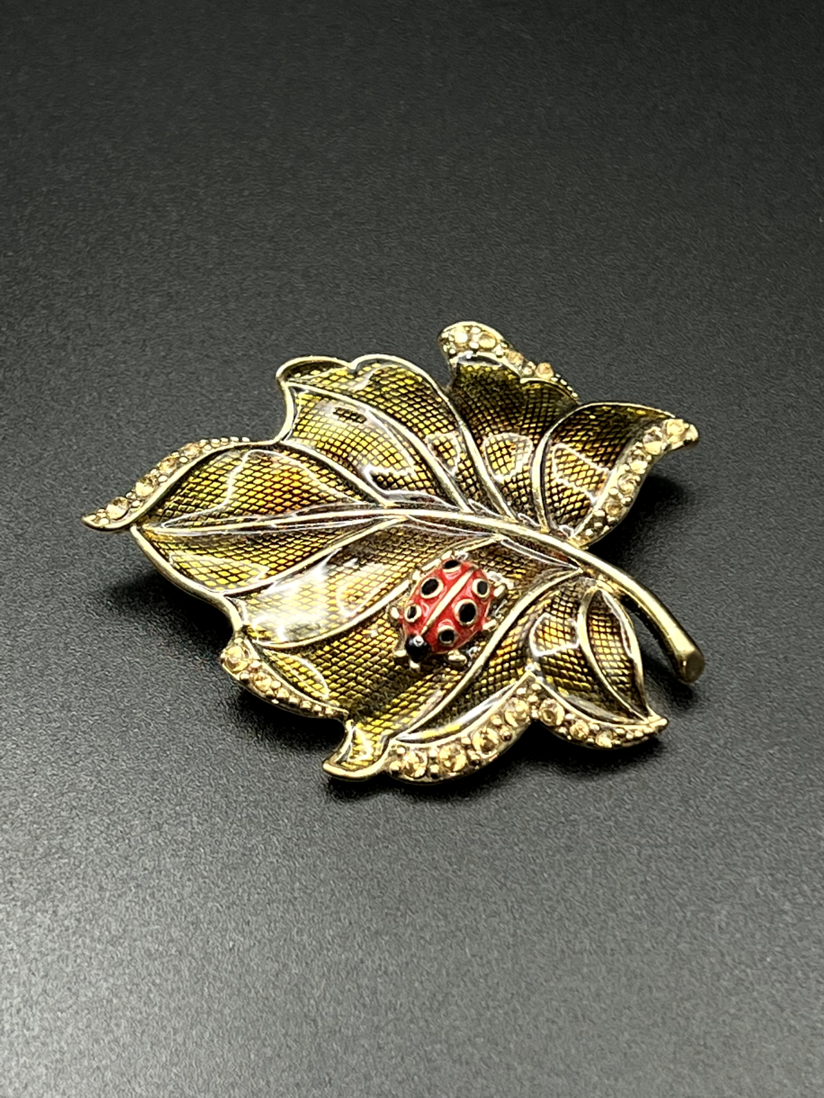 Vintage Signed LC Gold-Toned Leaf with Ladybug Brooch Pin