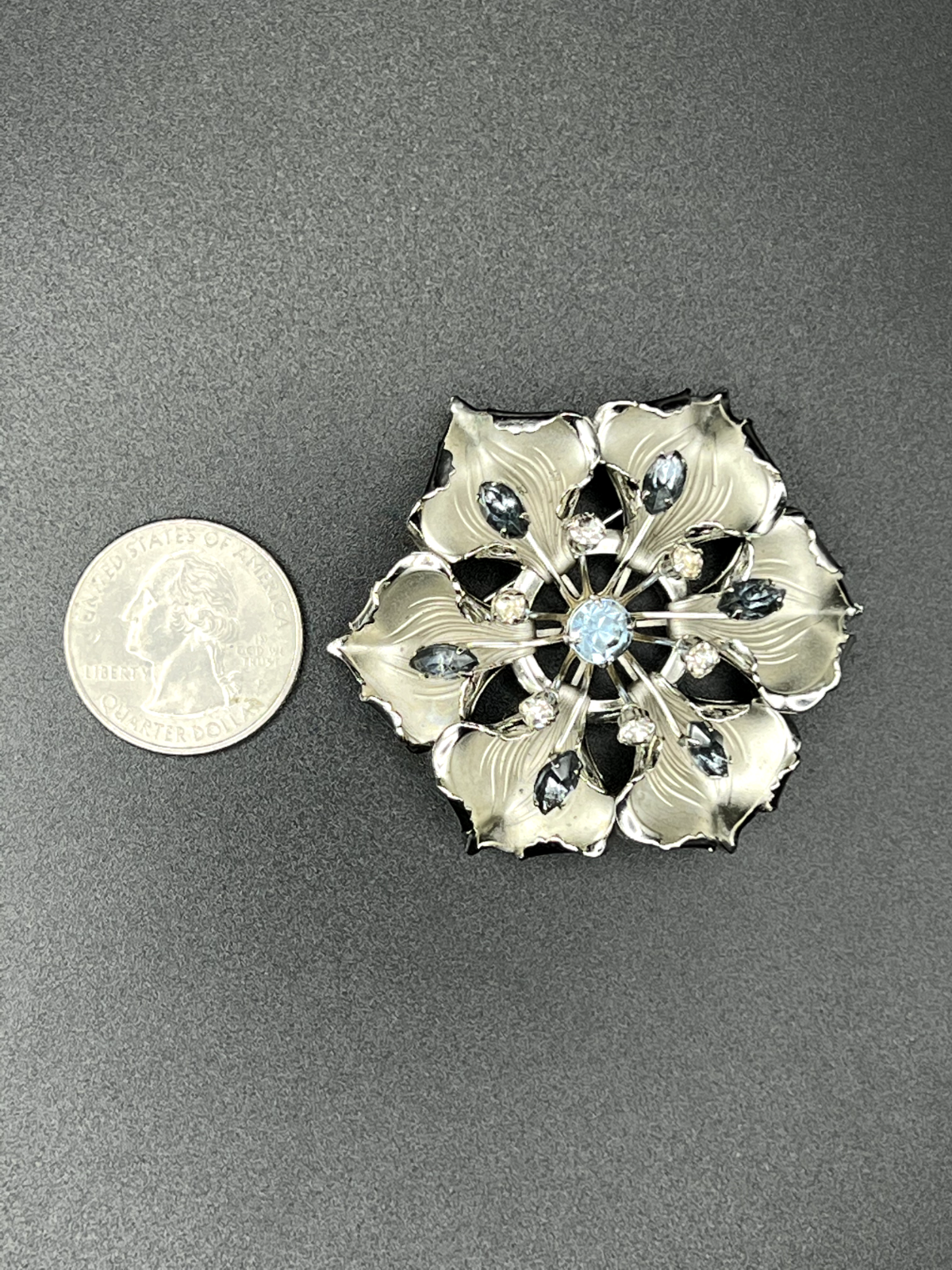 Vintage Silver-Toned Flower With Smoky Blue & Clear Rhinestones Brooch Pin