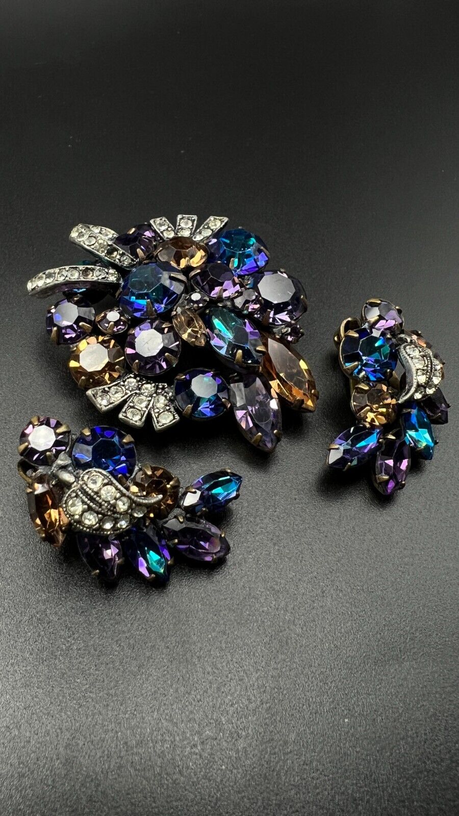 Vintage WEISS Brooch and Clip-On Earrings Set Blue, Purple, Clear & Brown Stones