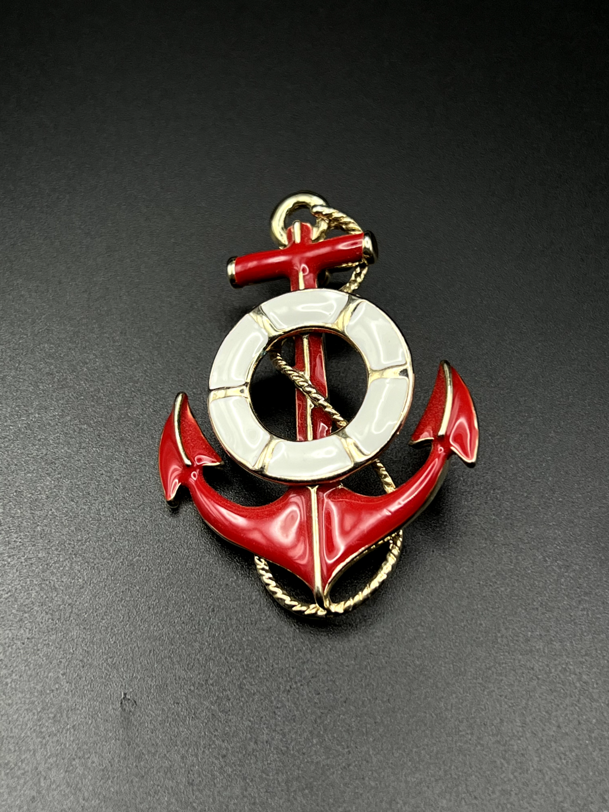 Vintage Enameled Red, White and Gold-Toned Nautical Brooch Pin