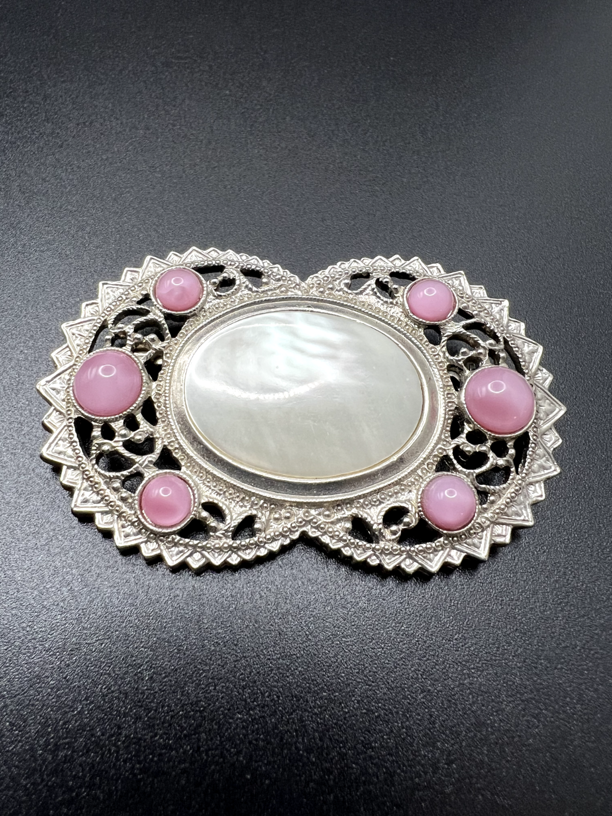 Vintage Lovely Pink And White Beaded Filigree and Scrollwork Brooch Pin