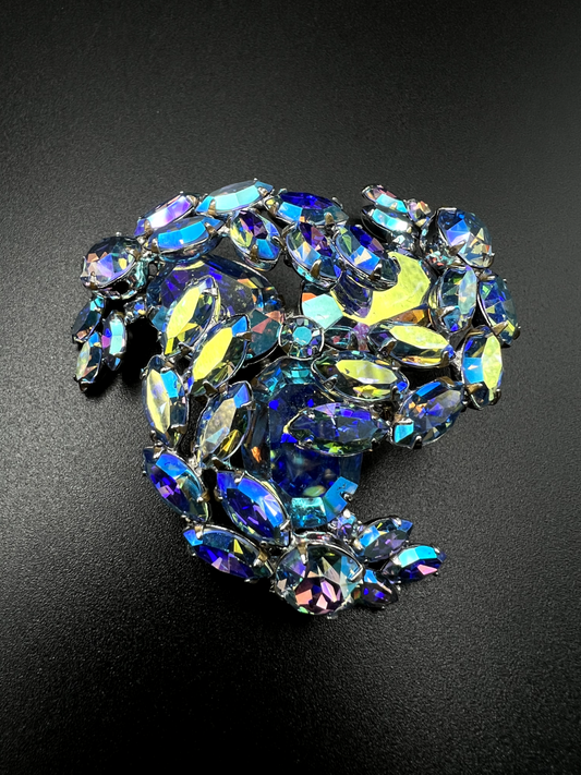 Vintage Signed SHERMAN Glittering Blue AB Rhinestone In Prongs Brooch Pin