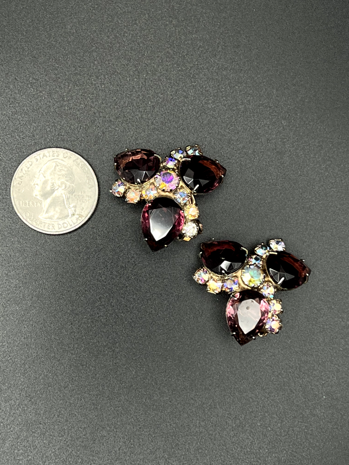 Vintage Deep Purple & Clear AB Rhinestones Gold-Toned Earrings and Brooch Pin