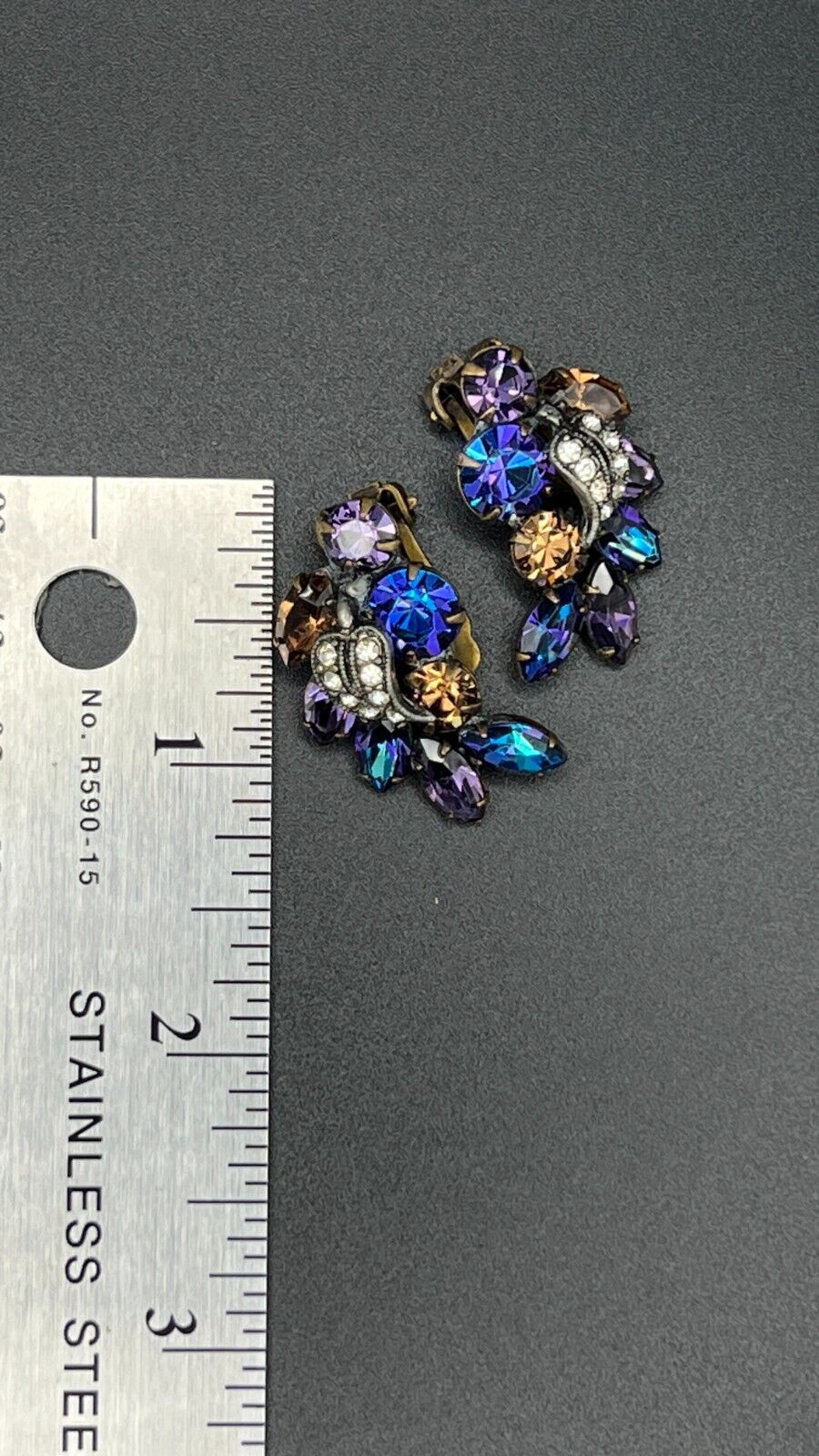 Vintage WEISS Brooch and Clip-On Earrings Set Blue, Purple, Clear & Brown Stones