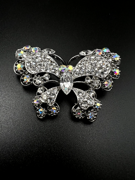 Vintage Small Butterfly Silver-Toned With Aurora Borealis & Crystals Brooch Pin