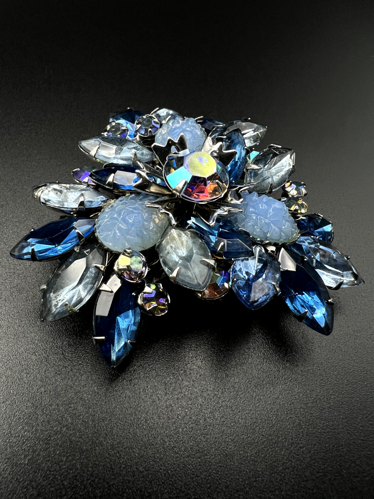 Vintage Rare Styled of JULIANNA Midnight Blue AB Crystals Swedge Brooch Pin