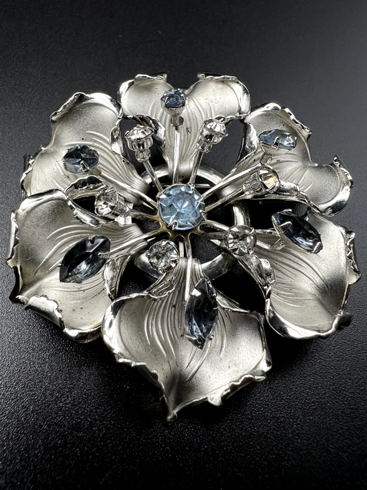 Vintage Silver-Toned Flower With Smoky Blue & Clear Rhinestones Brooch Pin