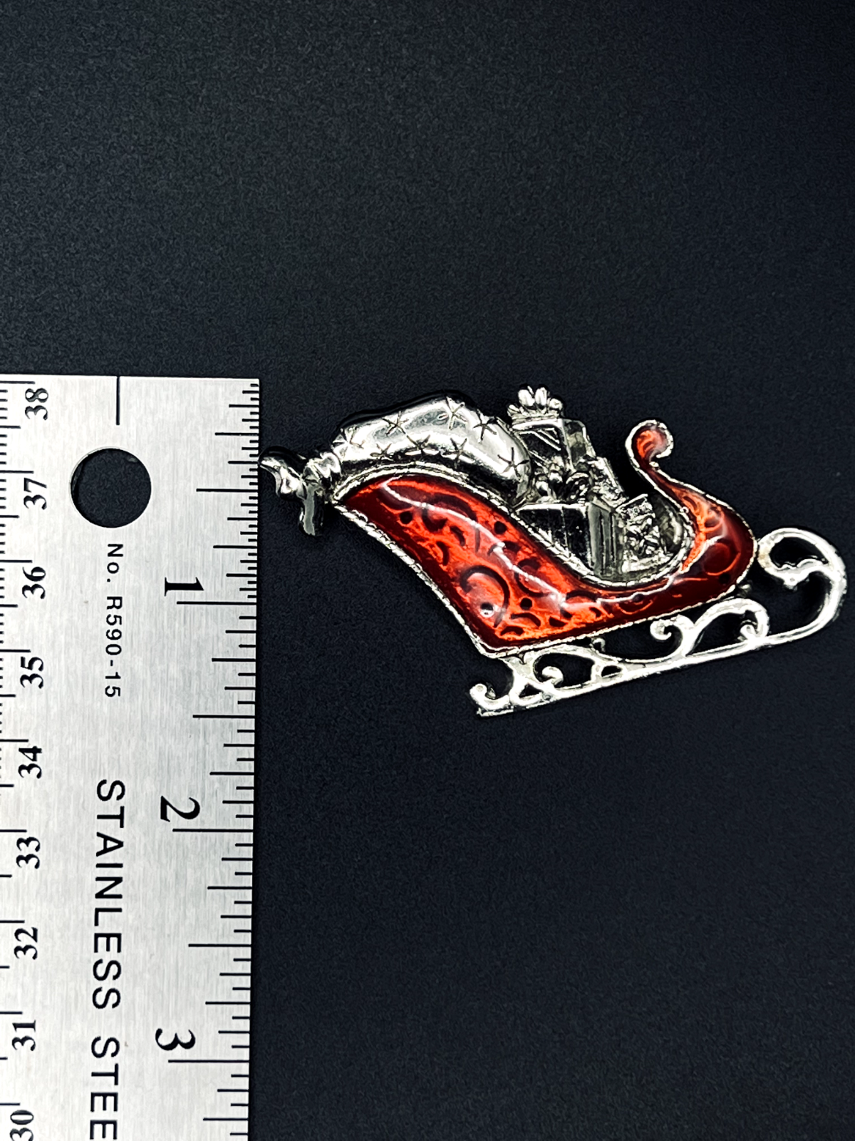 Vintage Holiday Sleigh Full Of Gifts Red Enameled Silver-Toned Brooch Pin