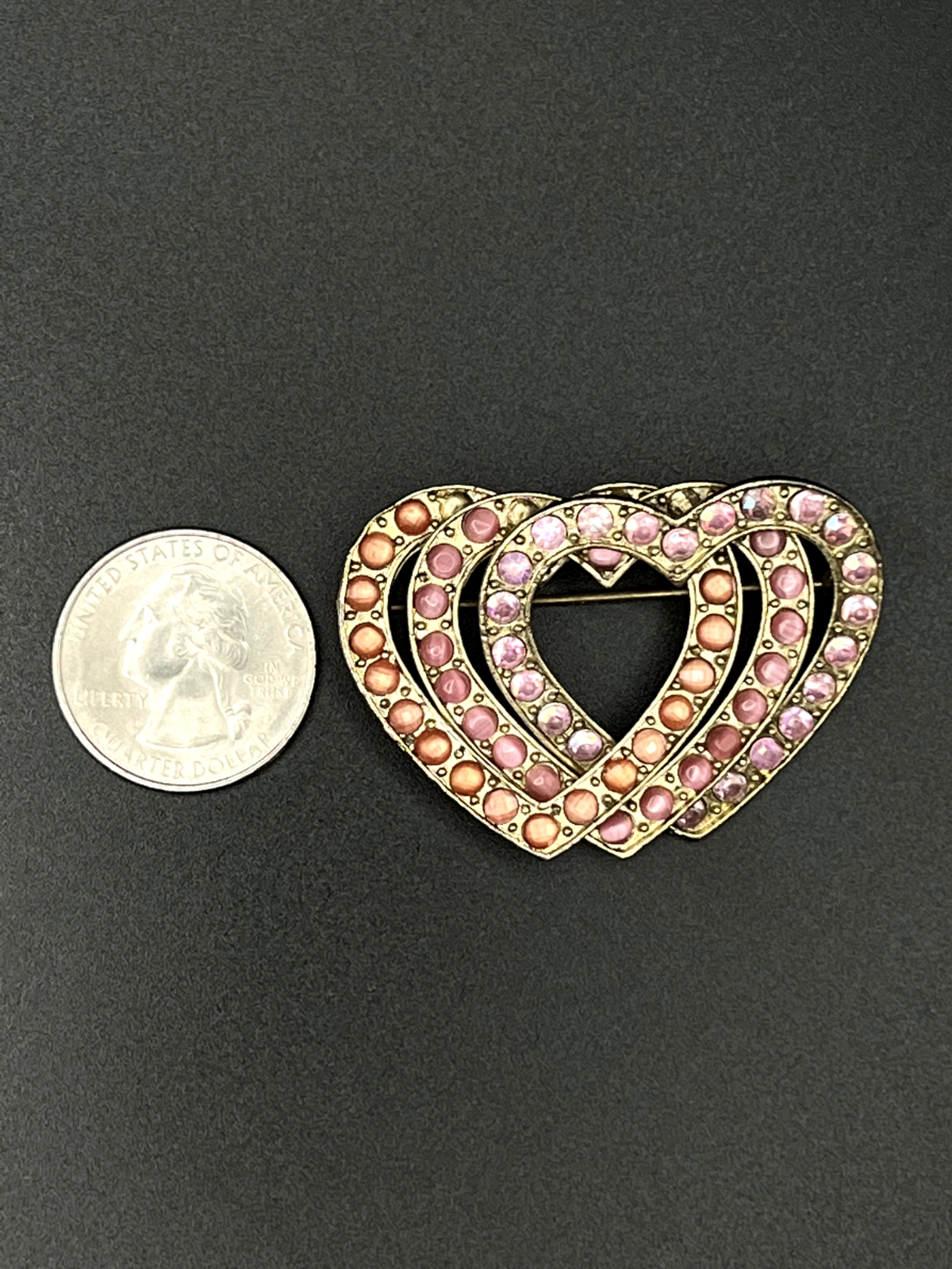 Vintage Signed LC 3D Triple Hearts with Lavender and Pink Stones Brooch Pin