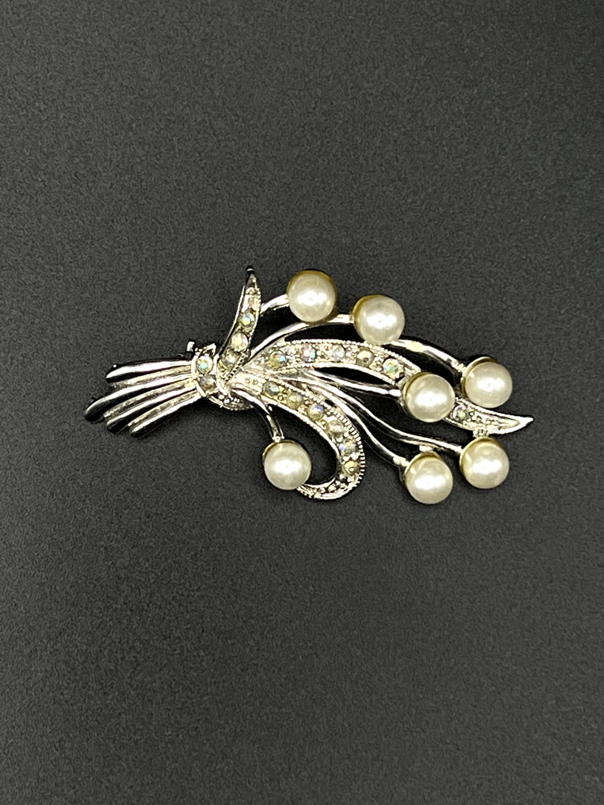 Vintage Elegant Crystal and Pearl-Like Beaded Silver-Toned Brooch Pin