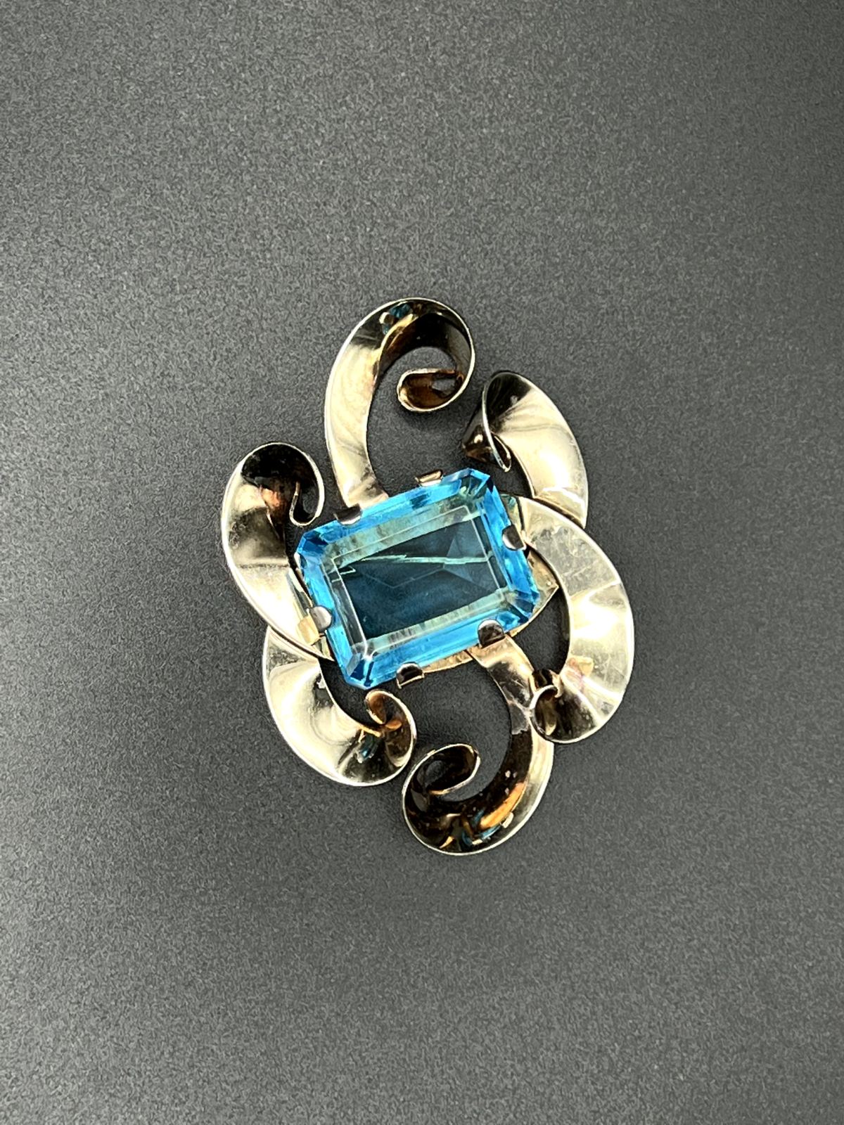 Vintage Sterling Silver with Large Acquamarine Glass Stone Brooch Pin