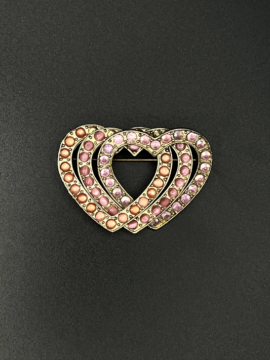 Vintage Signed LC 3D Triple Hearts with Lavender and Pink Stones Brooch Pin