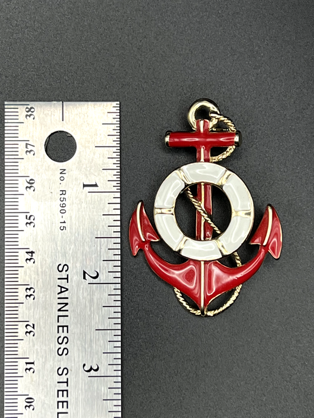 Vintage Enameled Red, White and Gold-Toned Nautical Brooch Pin