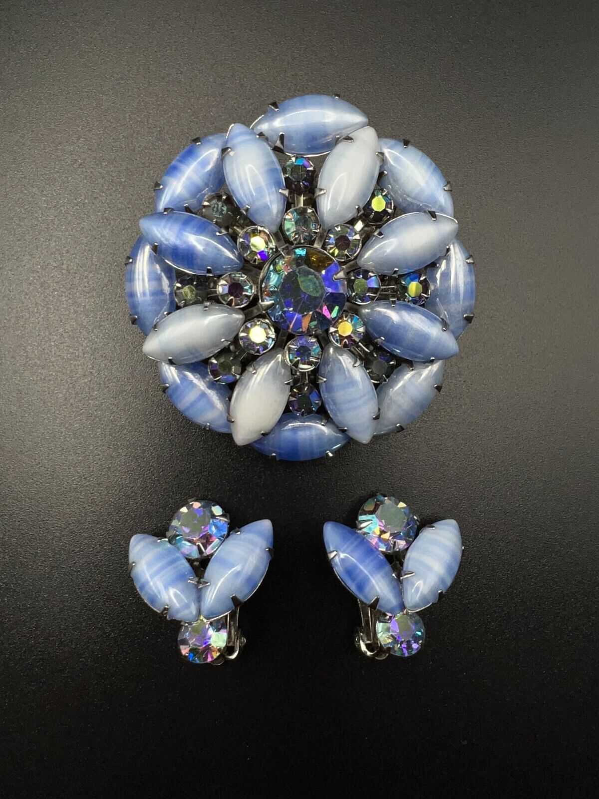 Vintage Elegant Signed WEISS Brooch & Earrings Set With Light Blue & AB Stones